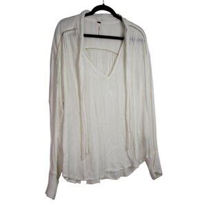 Free People White Embroidered Long Sleeve V-Neck Blouse Size Large